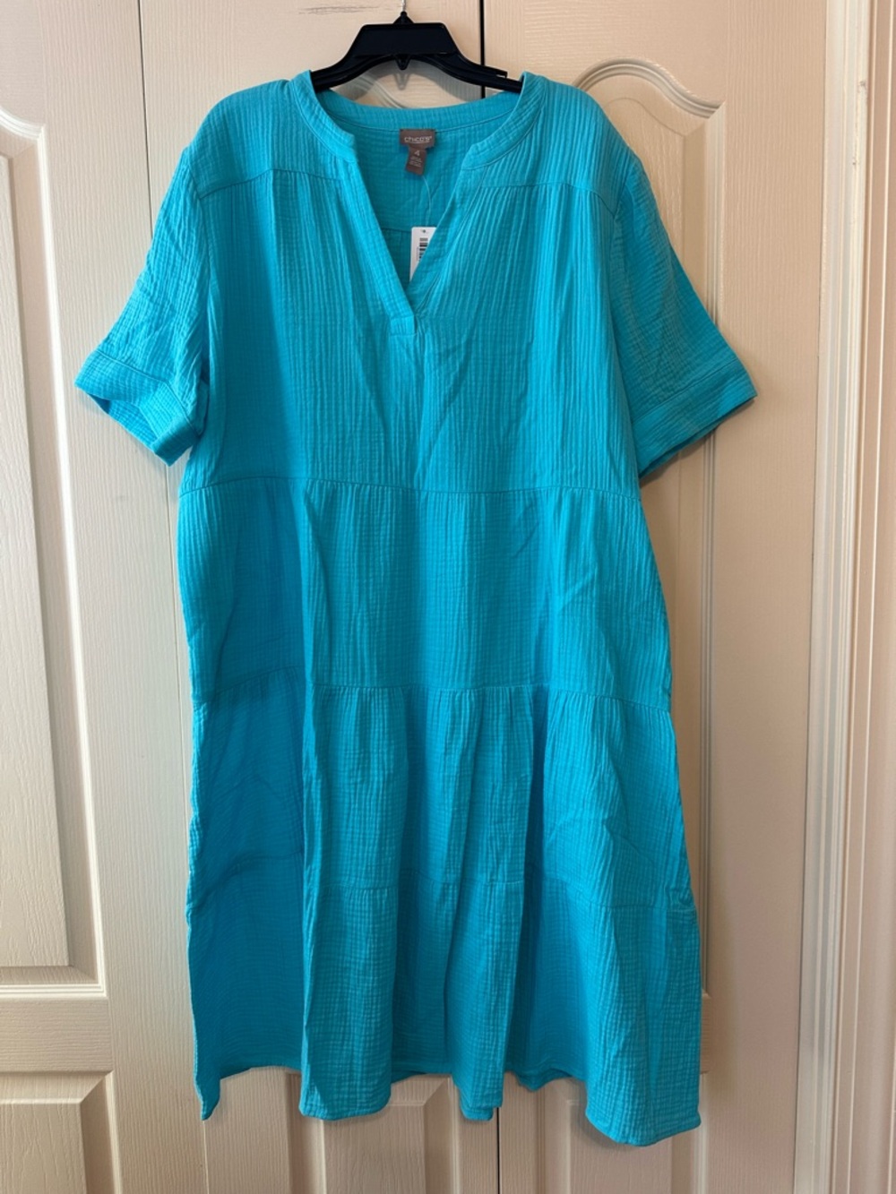 Chico's Women’s Turquoise Tiered Roll Gauze Midi Dress Waterloo Blue 4/XXL